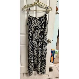 VTG Y2K 90s SILKY RUCHED Spaghetti Strap Dress BLACK White Zebra Med 38 Bust Tie